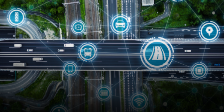 A graphic showing an artistic layout of roads and transportation-related graphics.